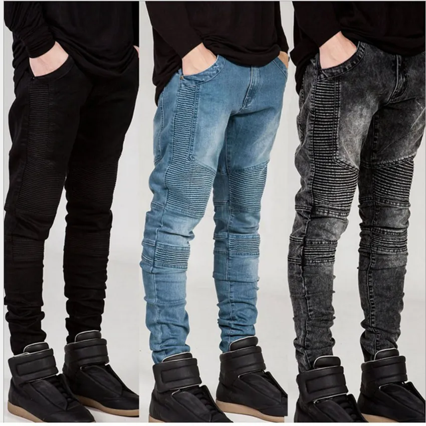 Fashion-Jeans varumärke Runway Distressed Slim Elastic Jeans Denim Biker Hiphop Byxor Tvättade Black Jeans Ljja2598