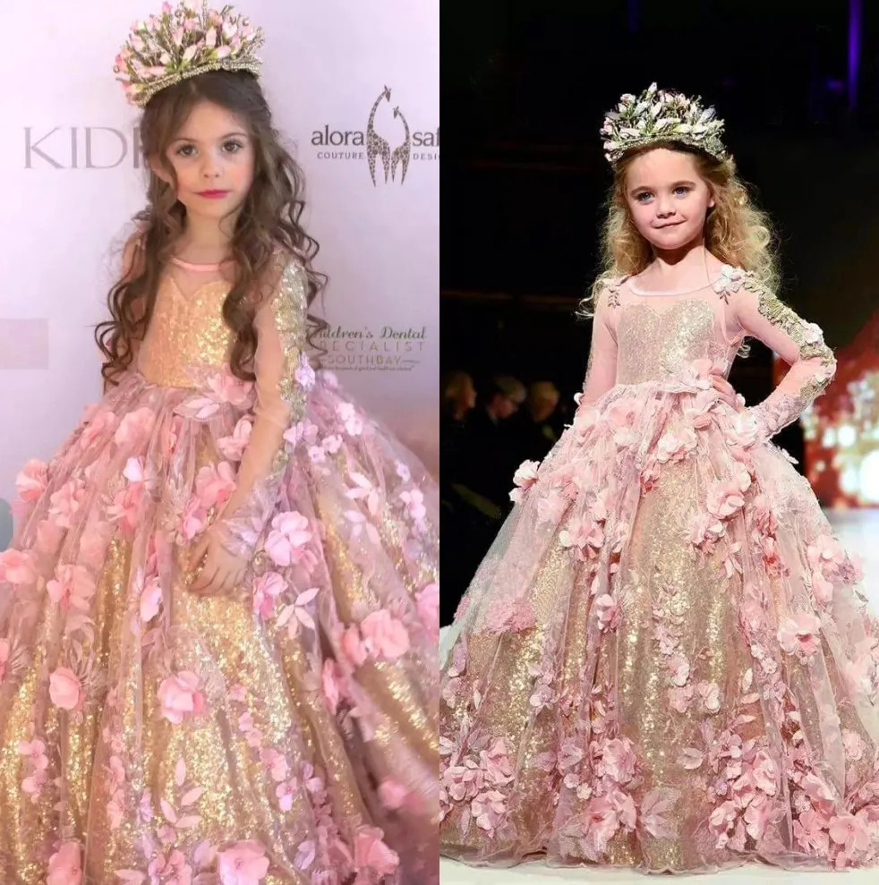Princess Pink Crew Neck A Line Tulle Flower Girl Dresses with Gold equins recer Long Sleeves Lace Lace Flowers Girls Bageants BC2069