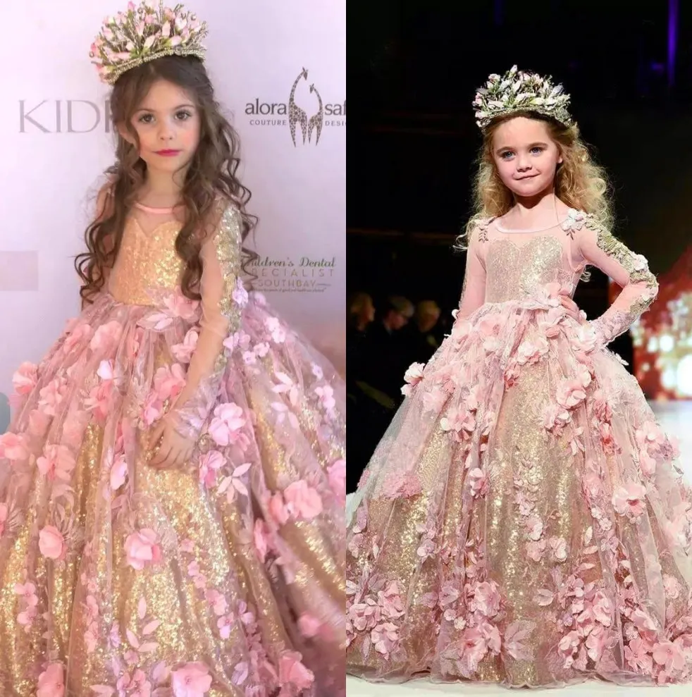 Princess Pink Crew Neck A Line Tulle Flower Girl Dresses with Gold Sequins Sheer Long Sleeves Lace Flowers Girls Pageant Gowns BC2069