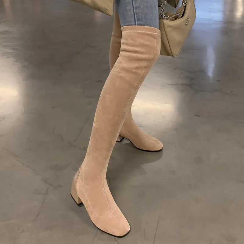 Womens over the knee thigh high boots 2020 new winter ladies shoes suede middle block heels stretch socks long boots size 42 43