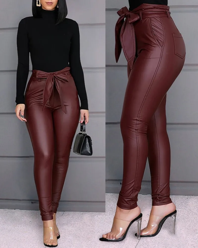 Fashion Casual Solid Womens PU Leather Pants Sexy Stretchy Skinny Pencil  Trousers High Waisted Slim Lace Up Buttom From Lvyou09, $13.53