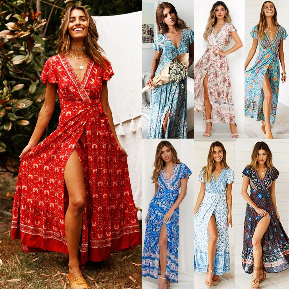 Women Boho Floral Long Maxi Dress V-Neck Floral Split Dress Summer Beach Sundres