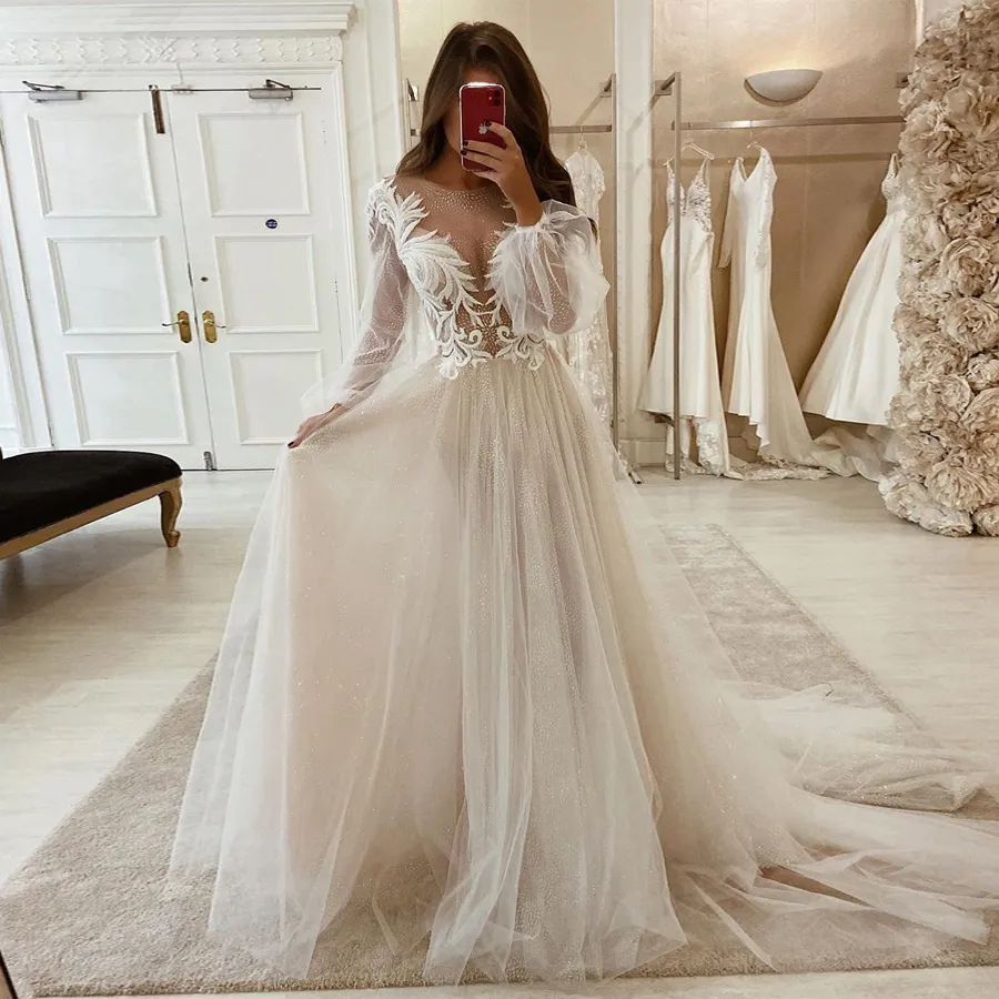 Long A-line Bateau Lace Appliqued Gold Sash Wedding Dress with Sleeves
