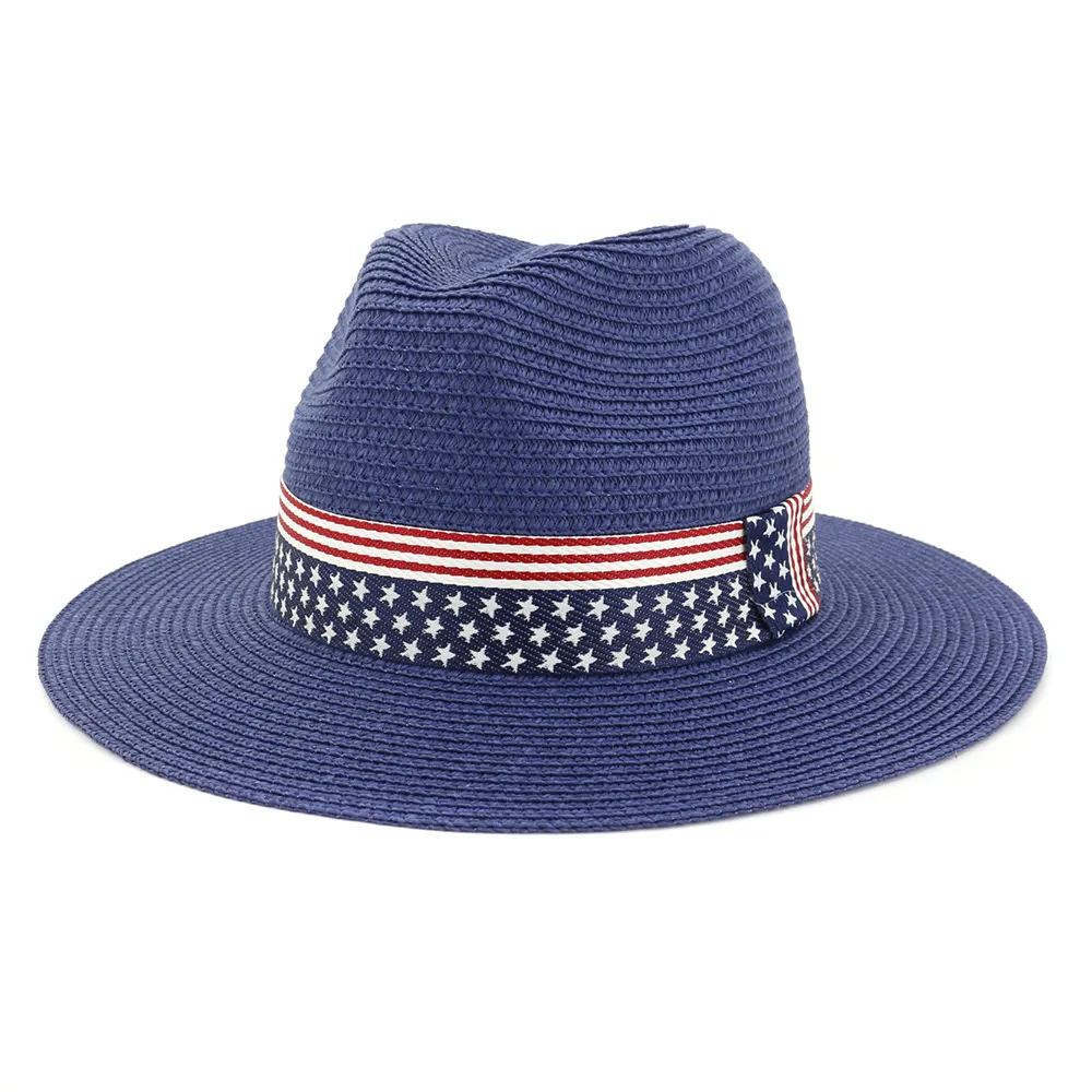 Summer Paper Straw Wide Brim Sun Hats Men Women British Style Jazz Fedora  Beach Hat Cowboy Sunhat with US Flag Ribbon
