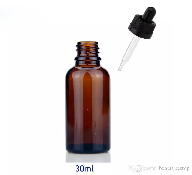 440pcs / mycket tomt glas aromaterapi flaska 30ml Amber eterisk oljor flaska med ögondroppar svart vit barnsäker keps