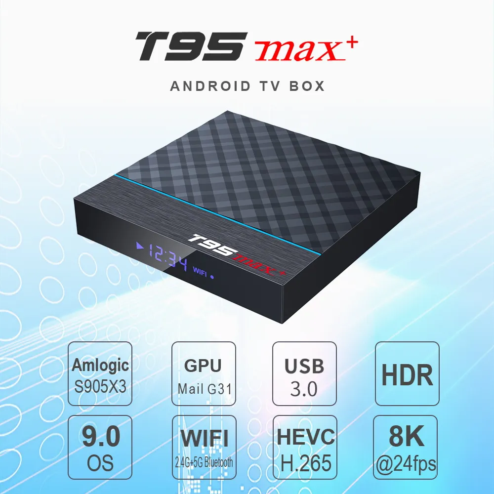 T95 Max Plus Android 9.0 TV 세트 상단 상자 Amlogic S905X3 4GB 32GB 4G 4G 64G 쿼드 코어 USB3.0 스마트 TV 박스 홈 미디어 플레이어 용 듀얼 Wi -Fi 8K BT4.0 LED 디스플레이