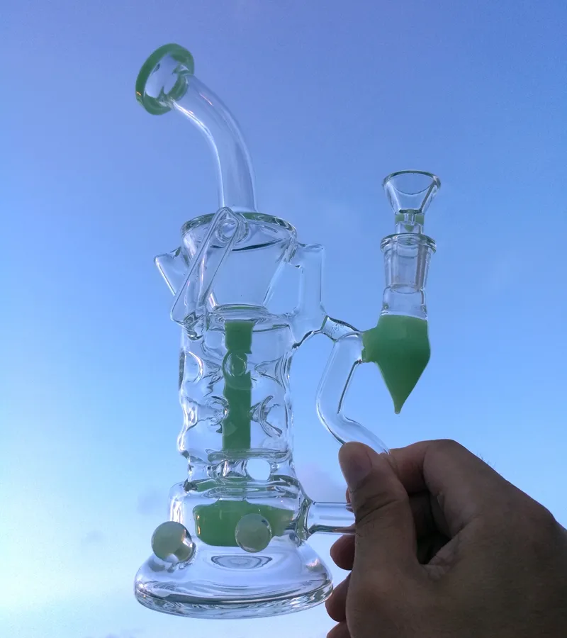 Hookahs Novo Duplo Recycler Vidro Bong Fab Ovo Aughty Dab Dab Rigs Turbina Percolador Vidro Bongs Milky Roxo Verde Água Tubos HR319