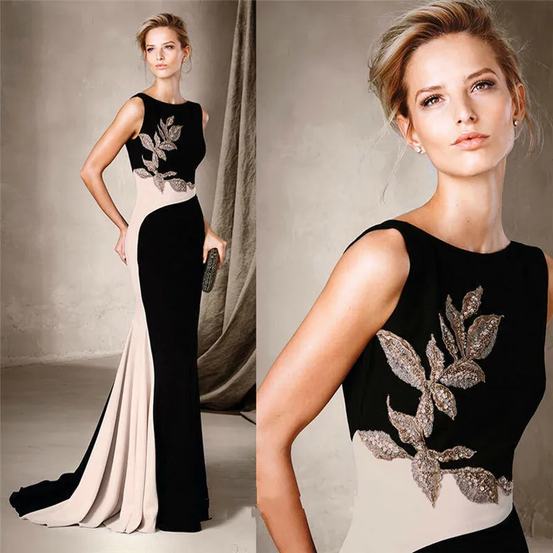 Elegante vestido negro con cuentas de sirena para madre de la novia, vestidos de noche largos con cuello joya, vestido de invitados de boda hecho a medida