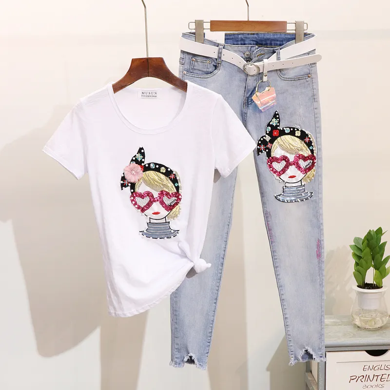 Nuovi set da donna moda primavera estate T-shirt a maniche corte con perline per ragazza cartone animato + pantaloni lunghi a matita con foro, abiti da studente