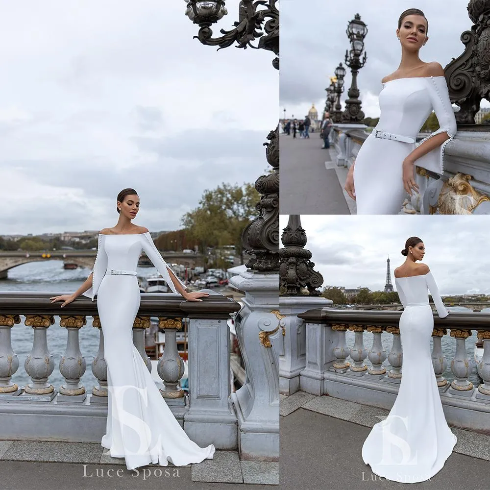 Mermaid más nuevos vestidos de novia blanco Bateau Botón Mangas divididas con cuentas Cinturón de novia Vestidos de satén personalizado de novia