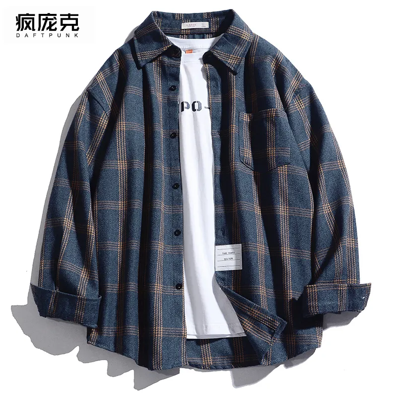 Loose Korean Plaid Men Shirt Button Solid Blå Casual Shirt Män Långärmad Camisa Xadrez Retro Mens Kläder Vår New Mm60ncs