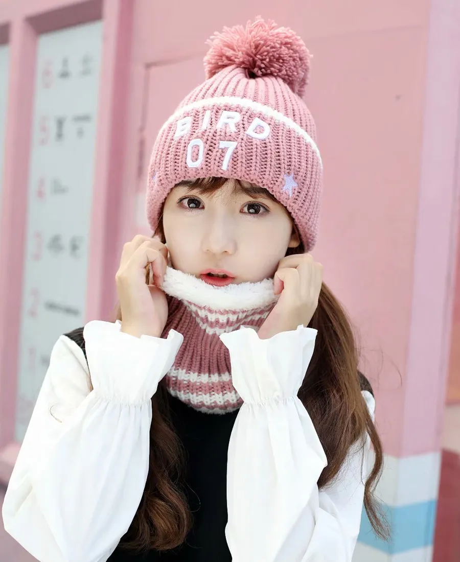 Women's Autumn Winter Hat Scarf Knitted Embroidery Letter Hat Caps Wool Warm Scarf Thick Windproof Hat And Scarf Set For Women