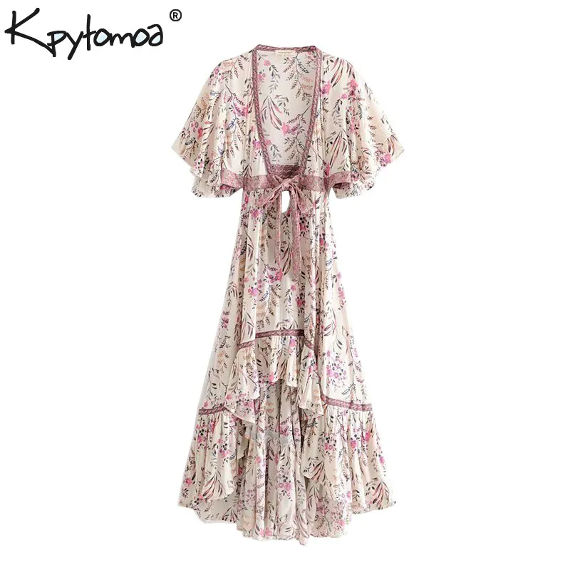 Boho Chic Verano Vintage Estampado floral Vestido asimétrico Mujer 2019 Moda Sin espalda Con fajas Vestidos de playa Vestido Mujer Y19073101