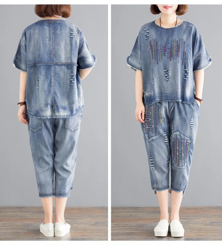 Two Piece Dress Literary Jeans Top And Pants Embroidery Striped