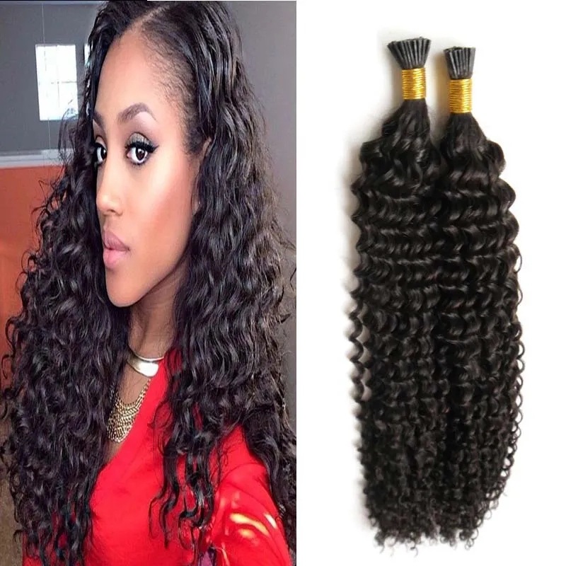 Virgin Mongolian Afro Kinky Krullend Haar Pre Bonded Fusion Hair I Tip Stick Keratin Double Tekend Remy Hair Extension 1.0G / S 100G Natuurlijke kleur