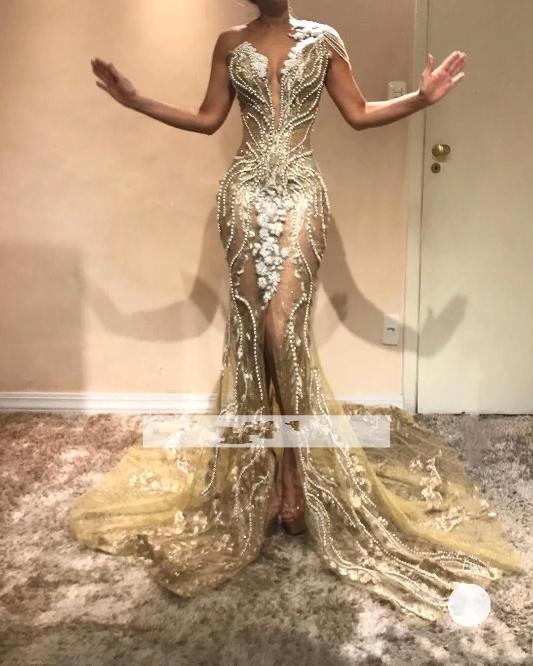 white and gold one shoulder prom dress Biztunnel Charming Long Sweetheart One Shoulder Mermaid Prom Dress with Ruffles main image 0