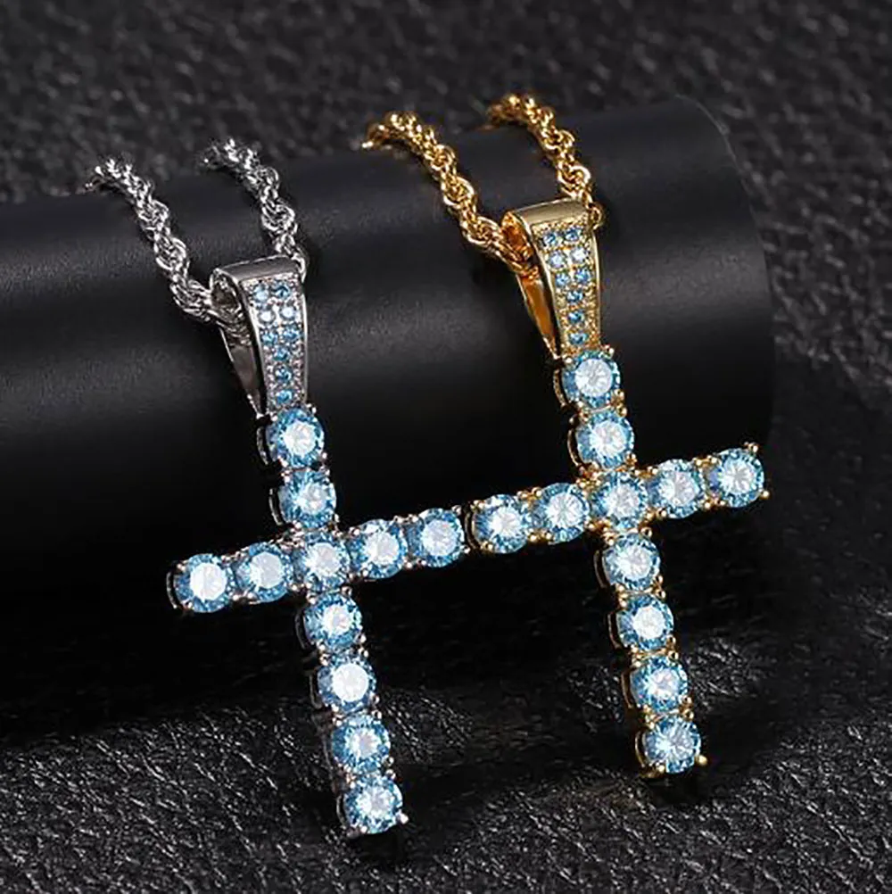 14K Gold Blue Diamond Cluster Cross Pendant Bling Bling Blue Color 1 Row Cross Pendant Necklace For Men Women Gifts