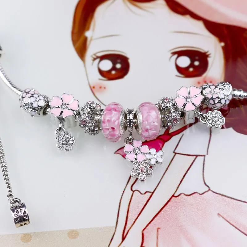 Silver Tone Love Snake Chain Pink Crystal Beaded Charm Bracelet with A  Piece of My Heart is in Heaven Memorial Jewelry Y807 (Pink)