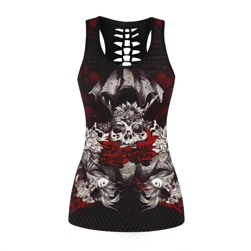 New Women Fitness Sporting Sleeveless Tank Top 3d Flower Skull Printed Vest Tops Female Gothic Style Sexy Slim Vintage Clothing Y190123