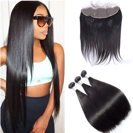 7A Cheap Indian Virgin Human Hair Bundles de tissage droit avec dentelle frontale naturelle noire 4x4 Fermeture frontale en dentelle avec tissages droits