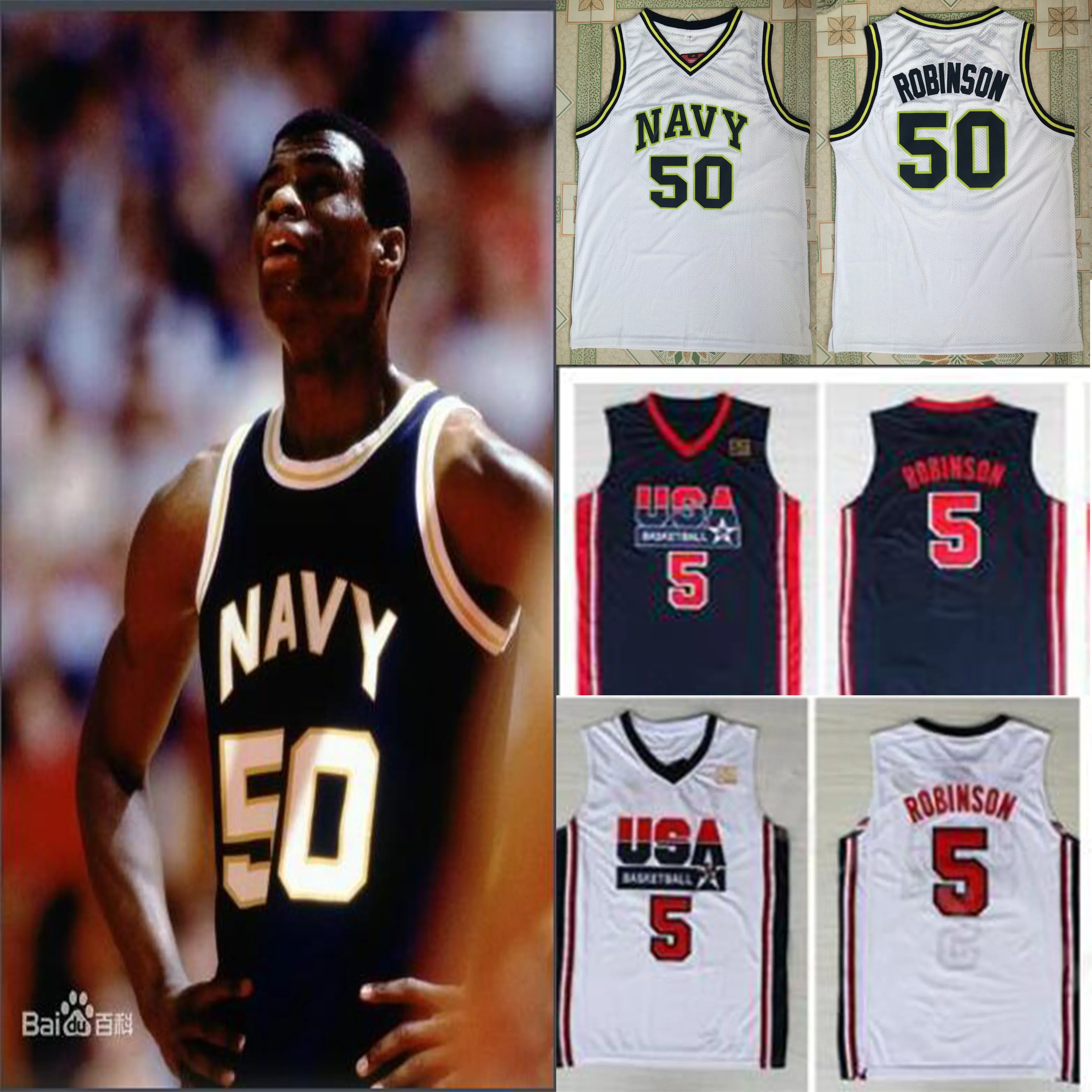 1992 USA Team One rétro L'amiral David Robinson 50 Jerseys de basket-ball de l'Académie navale tous cousus