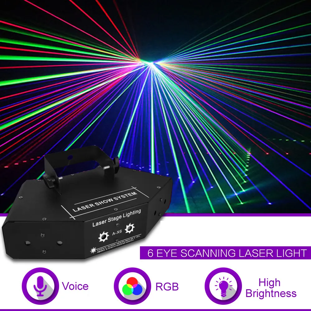 6 Olhos RGB Full Color DMX Beam Network Laser Scanning Light Home Gig Party DJ Iluminação de palco Sound Auto A-X6