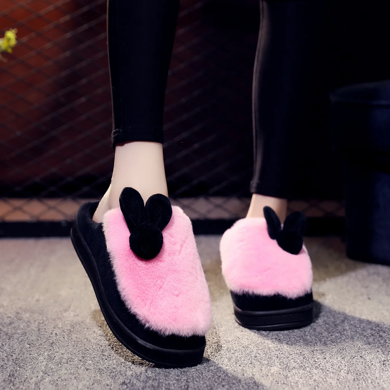 Cute Rabbit Ears Womens Platform Slippers Warm Winter Shoes For