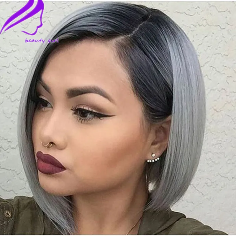 Sexig Cosplay Kort Bob Wig Glueless Ombre Grå Syntetisk Lace Front Pärlor med Baby Hair 180% Densitet Värmebeständig Fiber Paryk för kvinnor