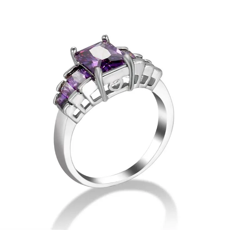LuckyShine 925 Серебряных Фиолетовый Кристалл Циркон площадь для женщин Кольца партии ювелирных подарков 6- 10 #