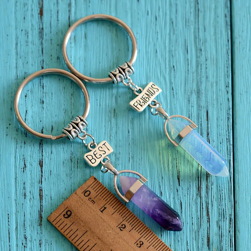 Vintage Brelok Best Friends Key Pierścień Moda Kryształ Wahadło Hexagonal Prism Kamień Naturalny Kamień Przyjaźń Kobiety Klucz Łańcuch Biżuteria Mężczyźni Keyring