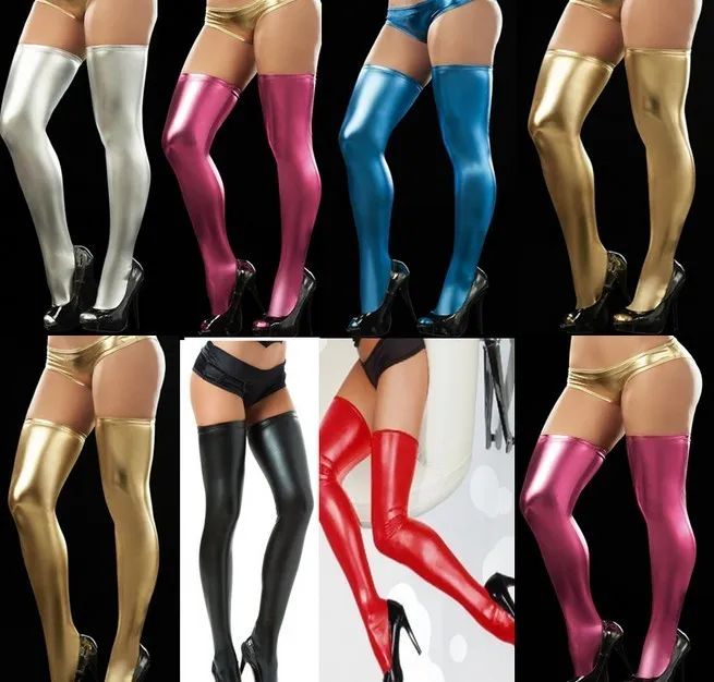 Sexy Pu Femmes Bas Sexy Genou Chaussettes En Cuir Cuisse Haute Longue Haute Élastique Catsuit Latex Collants Discothèques Porter Des Leggings J190627