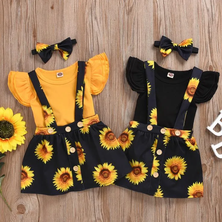 Kids Clothes Baby Girls Sunflower Clothing Sets Summer Fly Sleeve Top Suspender Skirts Suits Children Lovely Button Floral Outfits YP642