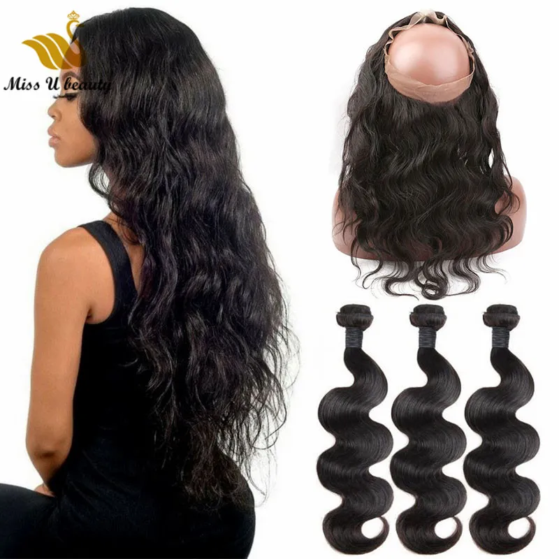 3 Pacotes de cabelo com 360 Lace frontal Encerramento Cabeça completa Thick os pêlos Virgens Humanos Tece cabelo com Frontal