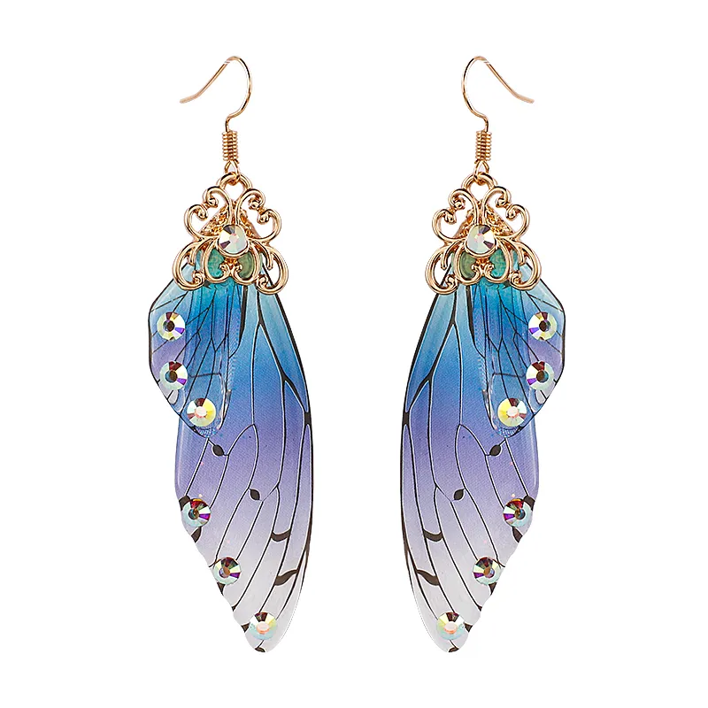 Romantic Fairy Tale Butterfly Wing Long Earrings Gradient Blue Color Drop Dangle Earrings Fashion Party Statement Jewelry