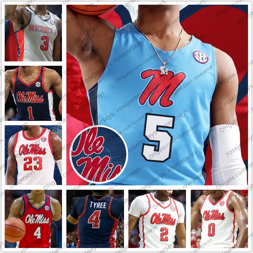 Custom Ole Miss Rebels 2020 Koszykówka # 2 Devontae Shuler 4 Breein Tire 14 Dimencio Vaughn 21 Robert Allen 24 Daeshun Ruffin Jerseys 4XL