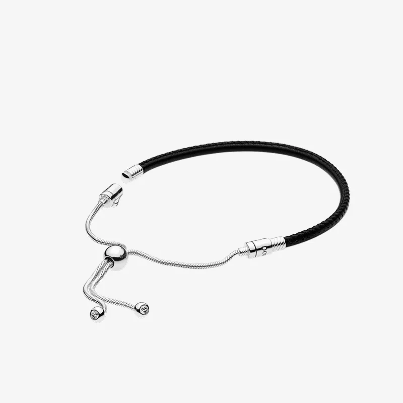 Svart äkta läder handkedja armband kvinnor tjejer sommar smycken med originallåda för pandora 925 sterling silver armband set