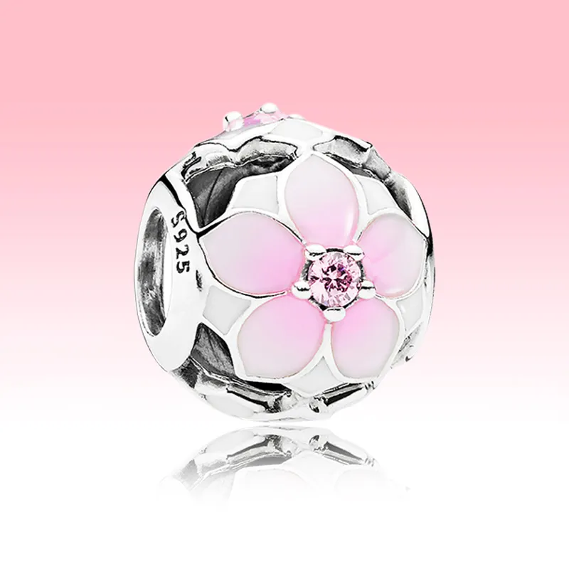 Genombruten Rosa Magnolia Blomsterberlock med Originalkartong för Pandora 925 Sterling Silver Beads Armband Armband Making Berlocker