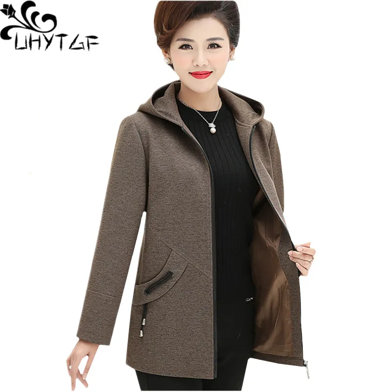 UHYTGF 4XL Plus Size Jacket Kobiety Moda Z Kapturem Wiosna Jesień Wełny Płaszcz Temperament Mom Elegancka Kobieta Płaszcze Casaako Feminino 797