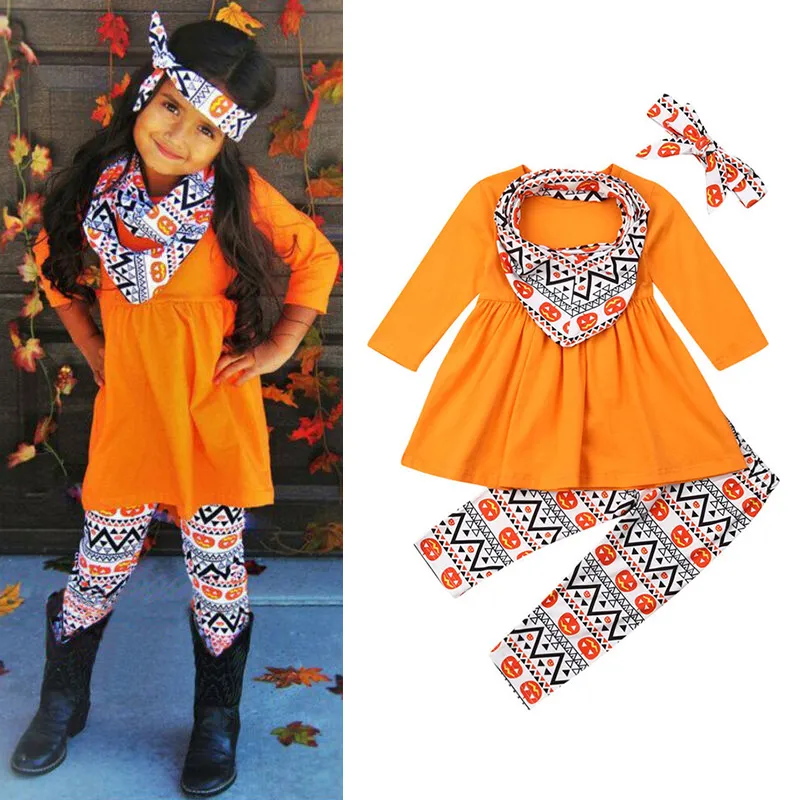 Halloween Thanksgiving Baby Kleidung Sets Jungen Mädchen Kürbis Türkei Print Langarm Kleid Top Hosen Lätzchen Schal Kleinkinder Outfits M2301