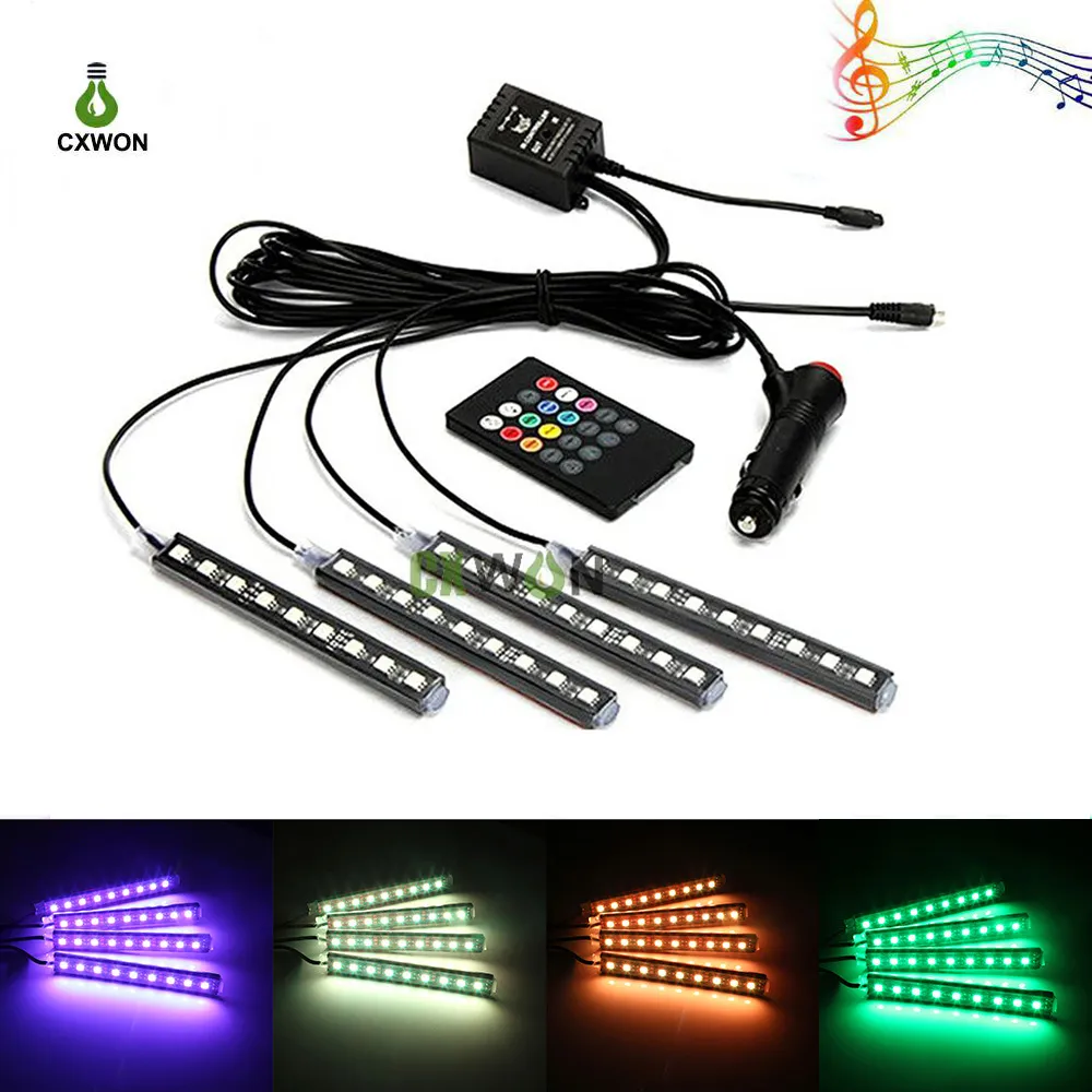 Flexible Car LED Strip Interior Light 4PCS 36LEDs Waterproof Music Sound Control Atmosphere Lamp Decoration Lights with Remote