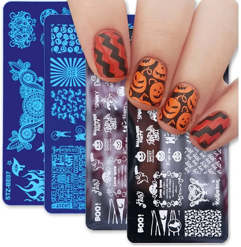 Halloween Nail Stamping Templates Set Pumpkin Ghost Bat Image Stamper Template For Salon Manicure Accessories