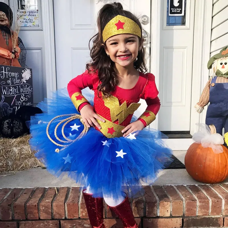 Costume di Halloween Wonder Woman per bambina vestiti vestiti Natale  bambino travestimento Cartoon Lace TUTU gonna Kid Sling Cosplay F229S