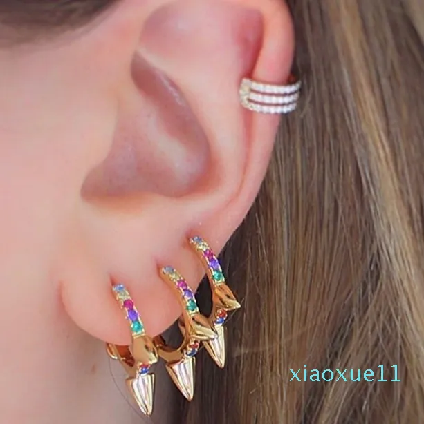 luxo- moda 2020 mulheres mínimas de jóias arco-íris colorido cúbicos zircônia 3 picos de mini pequeno brinco de argola