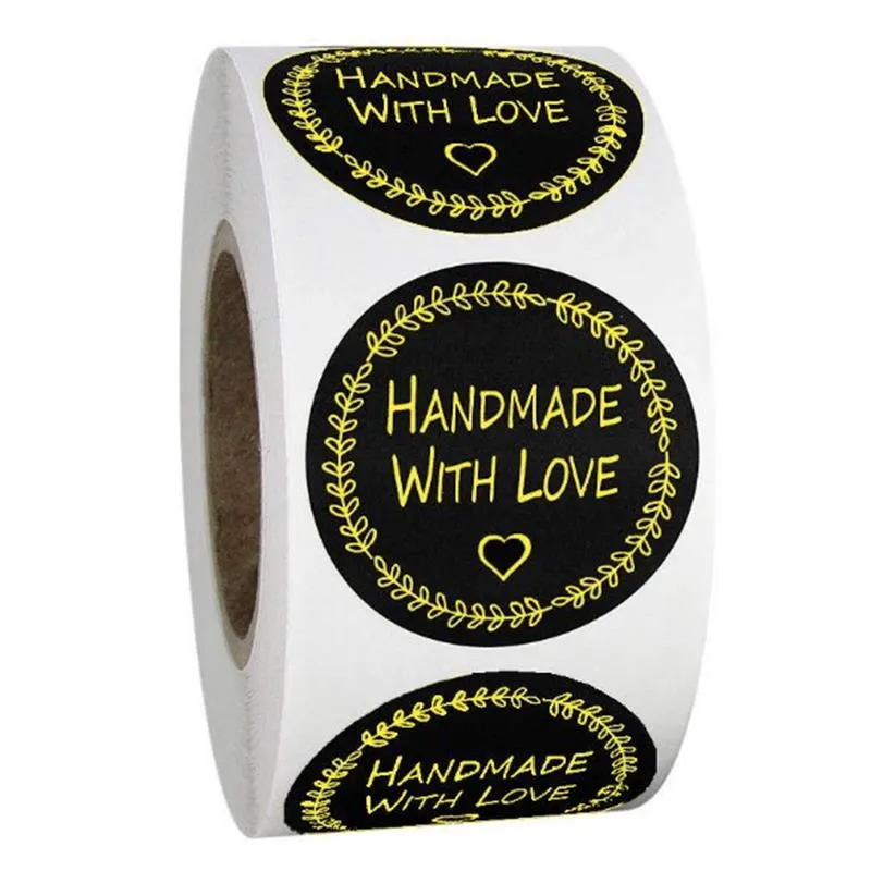 500 stks / roll goud olijf tak diy handgemaakte met liefde 1 inch label bruiloft stickers zelfklevende sticker kraft ronde etiketten