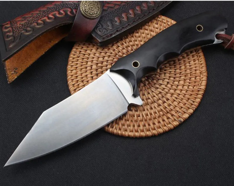 2020 New High Quality Survival Straight Hunting Knife D2 Satin Blade Full Tang Ebony Handle Fixed Blade Knives With Leather Sheath