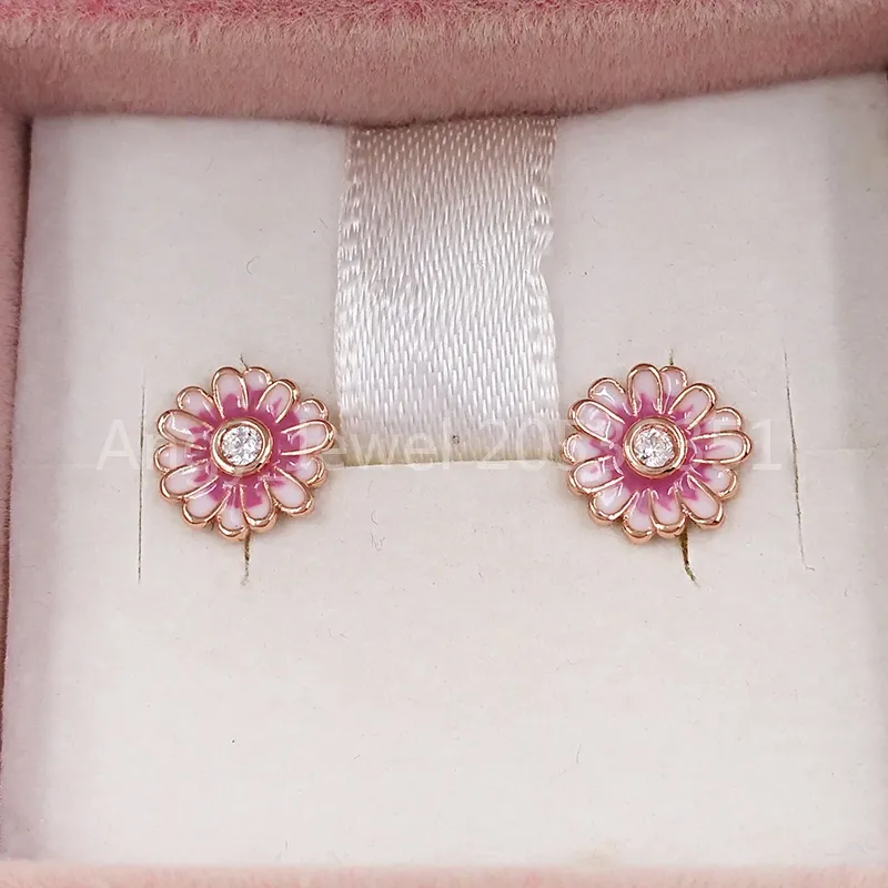 Brincos de prata de flor da margarida rosa autênticos 925 prata esterlina se encaixa em prateados europeus de estilo pandora jóias andy jewel 288773c01