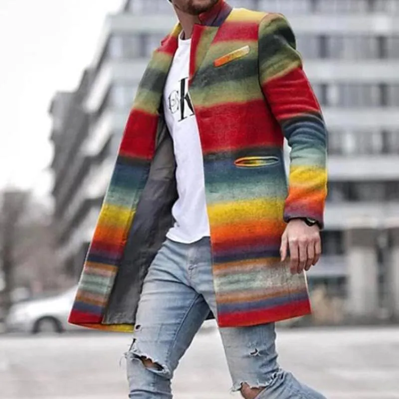 Mezclas de lana de colores del arcoíris, moda europea, abrigo de invierno a rayas de colores de talla grande para hombre, abrigo informal de primavera para exteriores, S-3XL