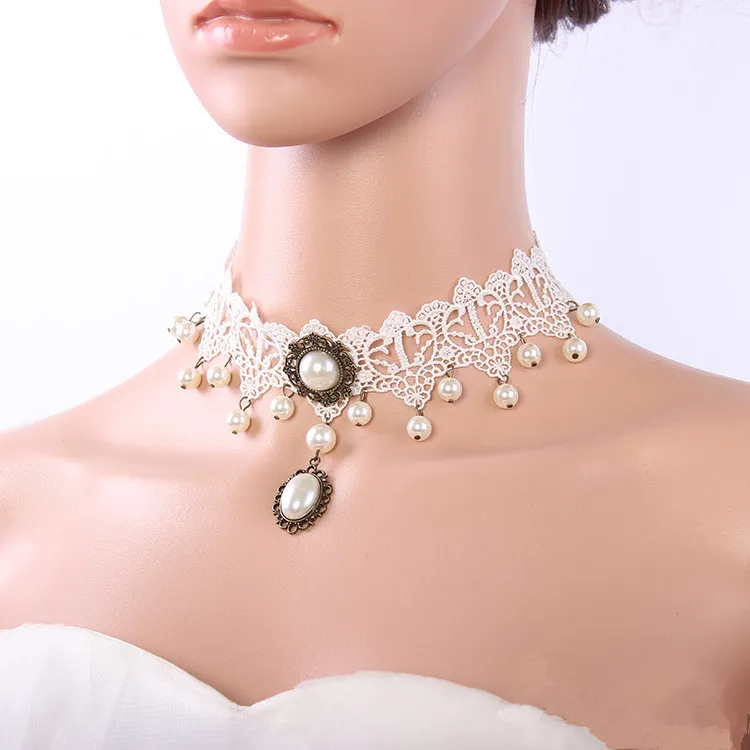 2020 populaire mariée dentelle blanche perles suspendues pur à la main Original rétro clavicule cou collier bijoux en gros