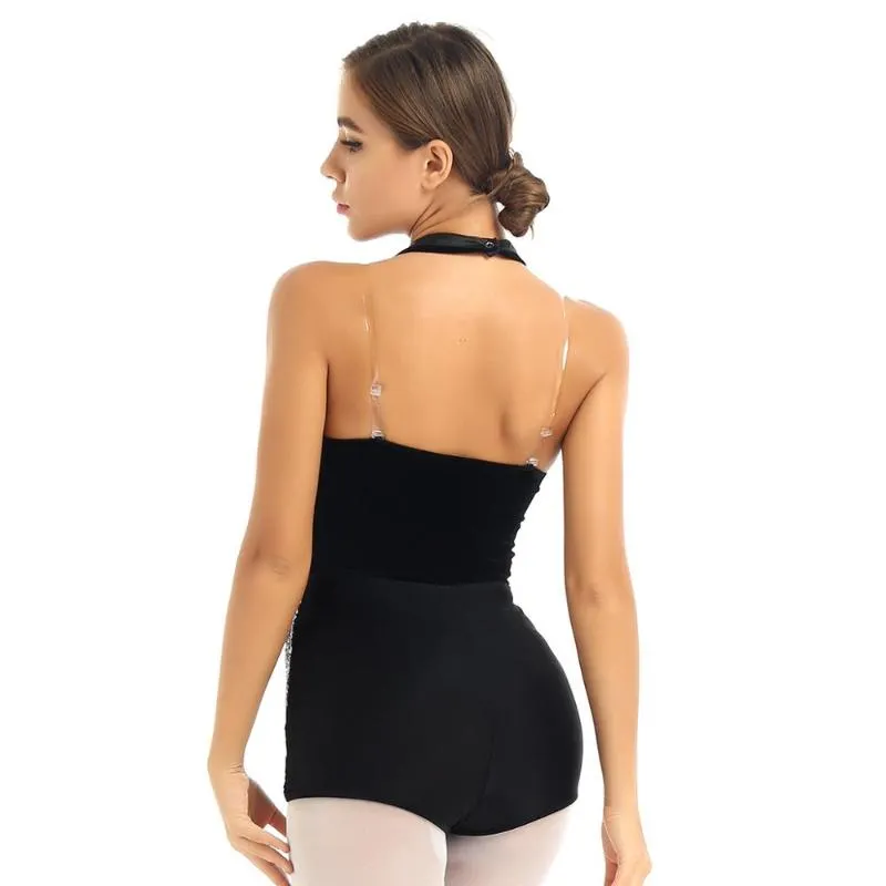 Womens Jazz Dance Turnpakje Halter Hals Mouwloos Low Back Fluwelen Vest Top Lovertjes Bottom Ballet Bcodysuit voor Stage Performance277b