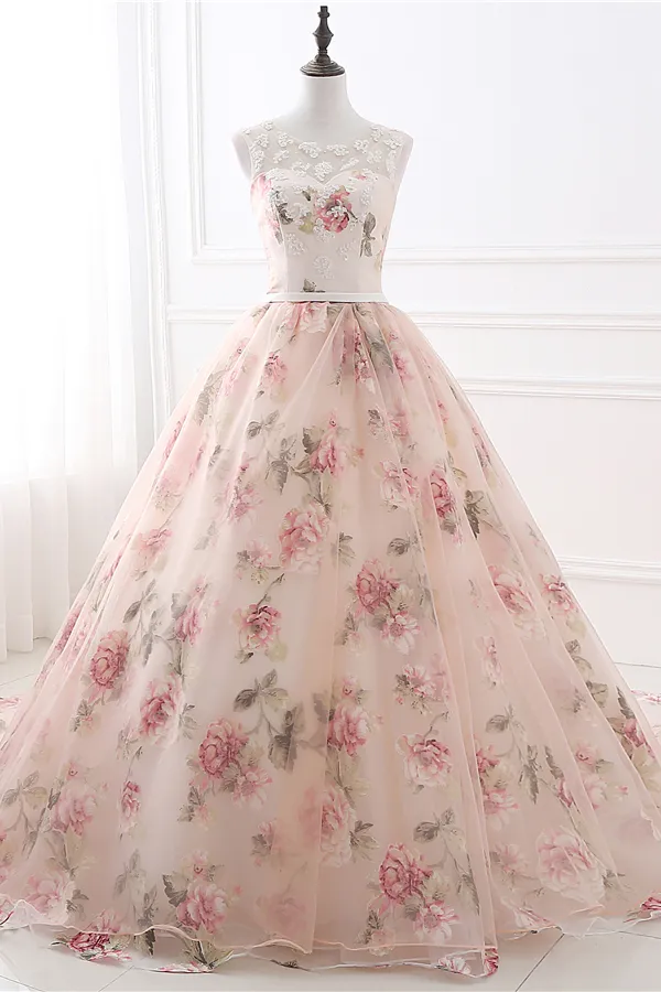 Pink flowery prom dress shop